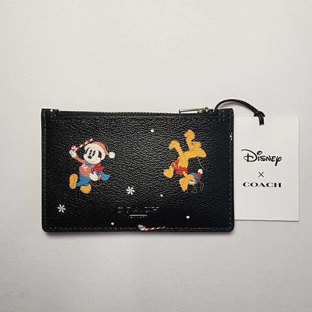 NWT Coach CM725 Disney X Coach Zip Card Case With Holiday Print Black Mu…